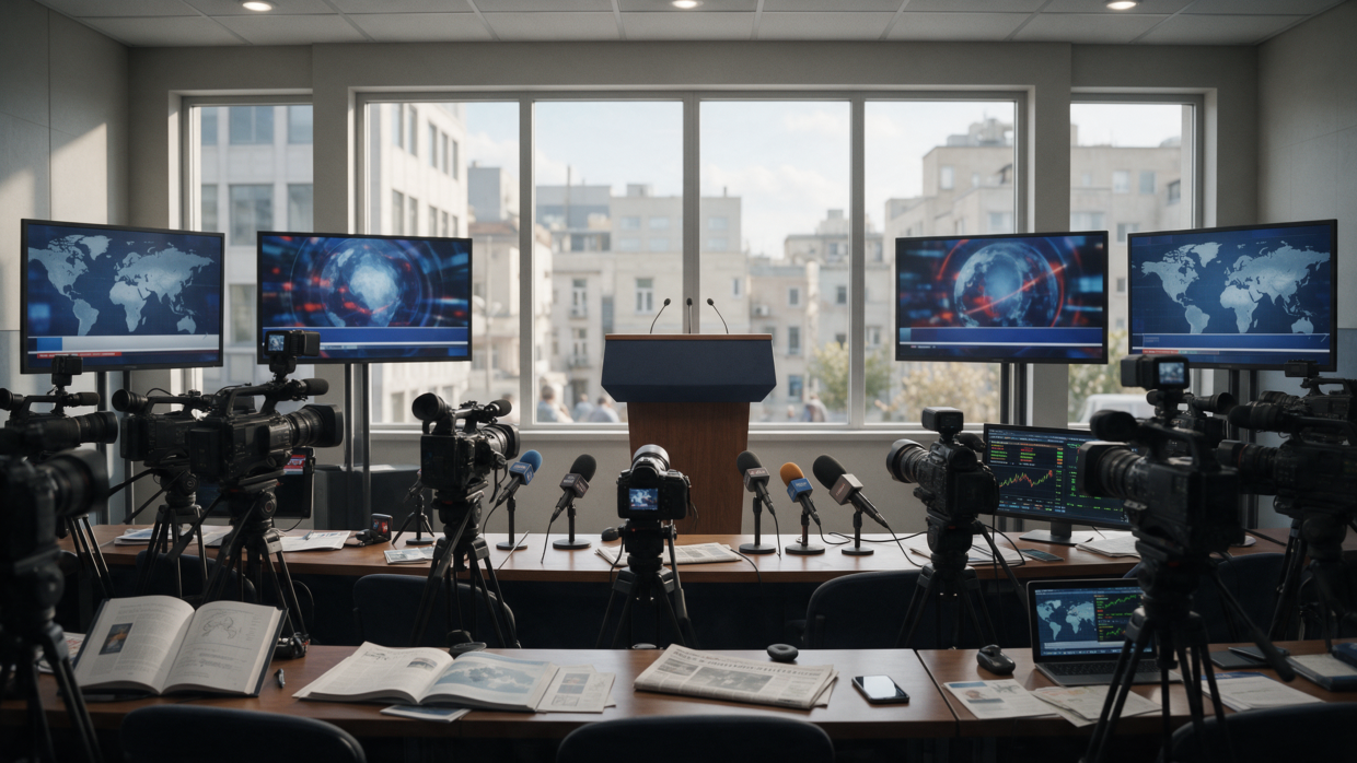 AI-generated image of an international press briefing room after a hypothetical disclosure announcement, with cameras, news screens and a modern city visible outside.