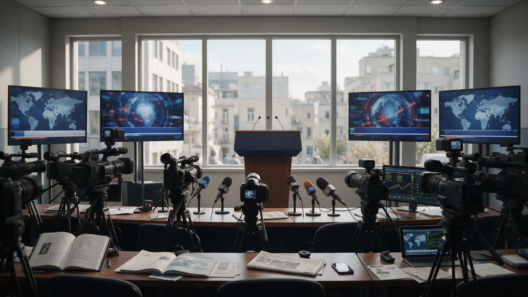 AI-generated image of an international press briefing room after a hypothetical disclosure announcement, with cameras, news screens and a modern city visible outside.