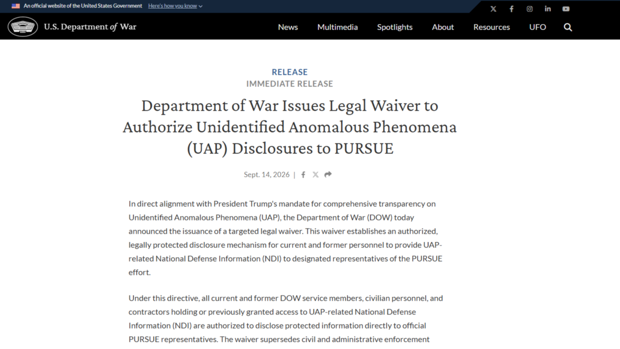 Screenshot of the U.S. Department of War announcement issuing a legal waiver for authorized UAP disclosures to PURSUE on September 14, 2026.