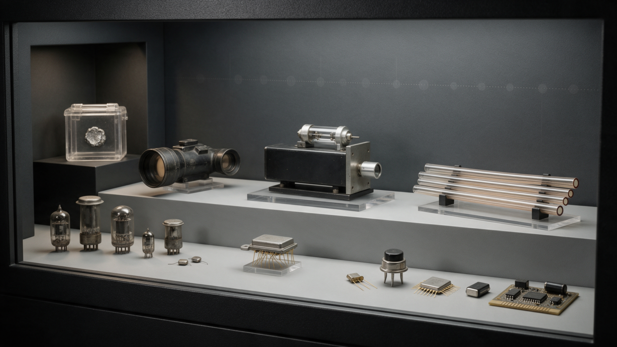AI-generated technology timeline showing early night vision, semiconductor components, an integrated circuit, laser equipment and optical fiber beside an unidentified metallic sample.