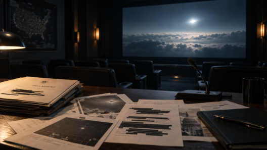 AI-generated image of a dark screening room with declassified documents, redacted papers, a desk microphone and a large screen showing a bright unidentified light above the clouds.