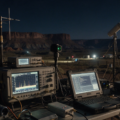 AI-generated nighttime research station beside a desert mesa with antennas, spectrum analyzers and scientific instruments monitoring unexplained signals.