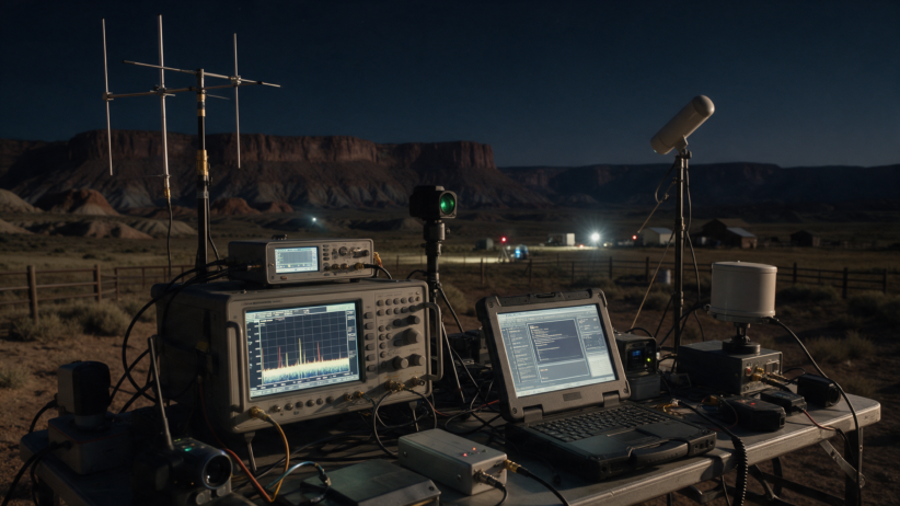 AI-generated nighttime research station beside a desert mesa with antennas, spectrum analyzers and scientific instruments monitoring unexplained signals.