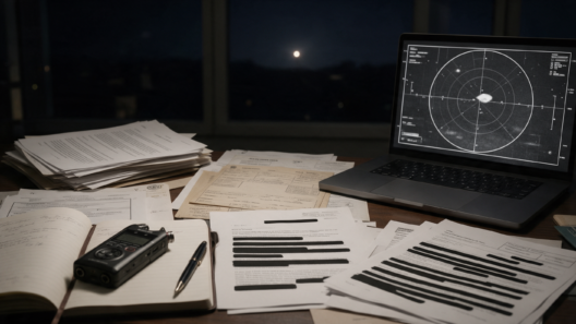 AI-generated image of a journalist's desk with interview notes, redacted government documents and a radar display showing an unidentified contact.