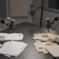 AI-generated podcast studio with microphones, current government documents and historical UFO research files representing different approaches to UAP disclosure.