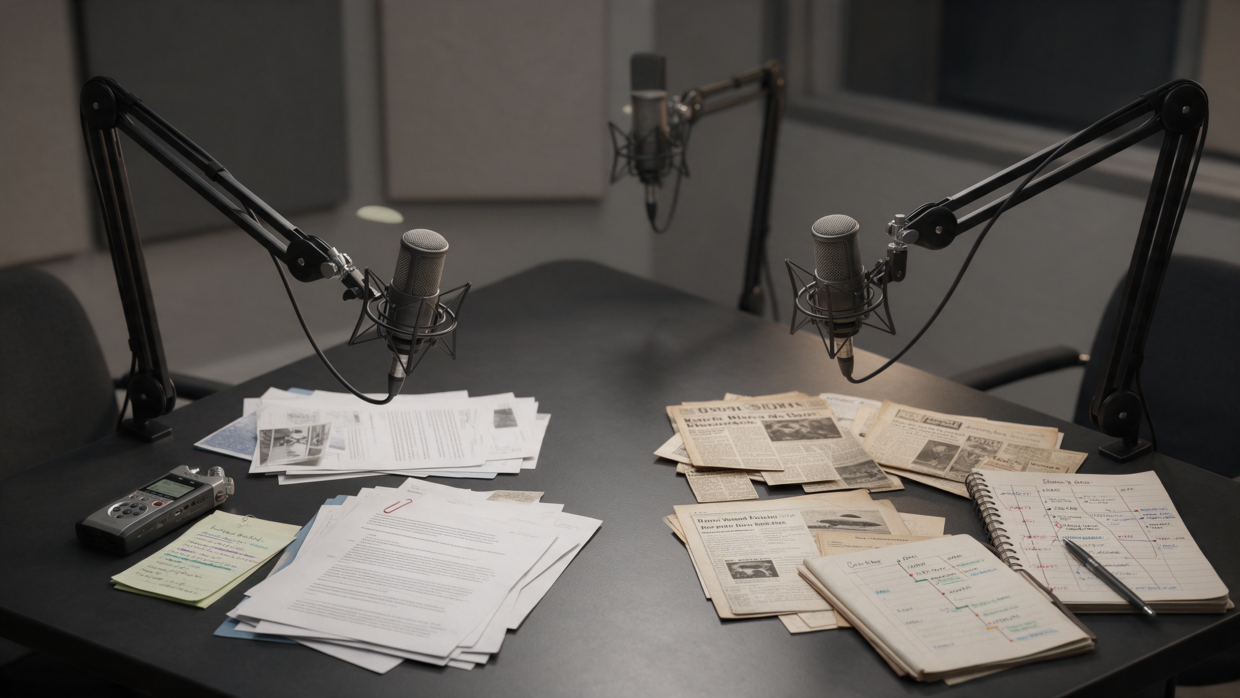 AI-generated podcast studio with microphones, current government documents and historical UFO research files representing different approaches to UAP disclosure.