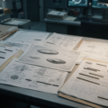 AI-generated image of government research files, aerospace diagrams and technical documents representing the AAWSAP UAP investigation.