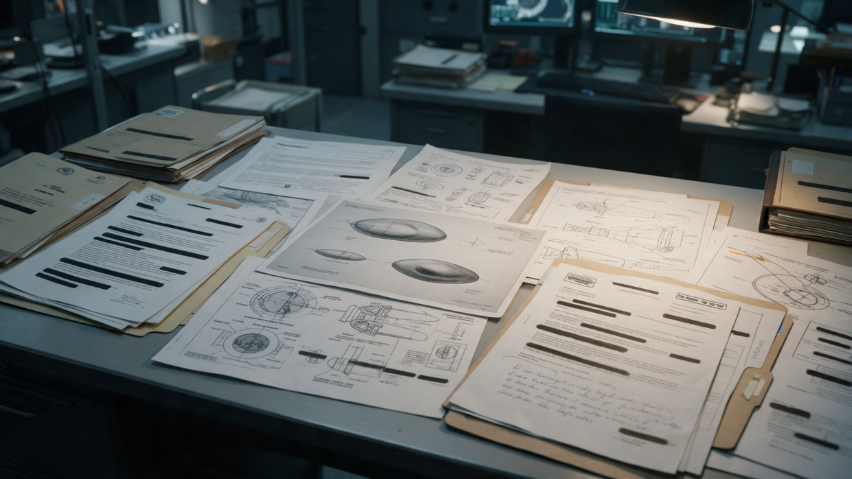 AI-generated image of government research files, aerospace diagrams and technical documents representing the AAWSAP UAP investigation.