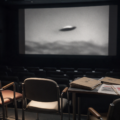 AI-generated documentary screening room with empty interview chairs, government files and a screen displaying an ambiguous unidentified object in the sky.