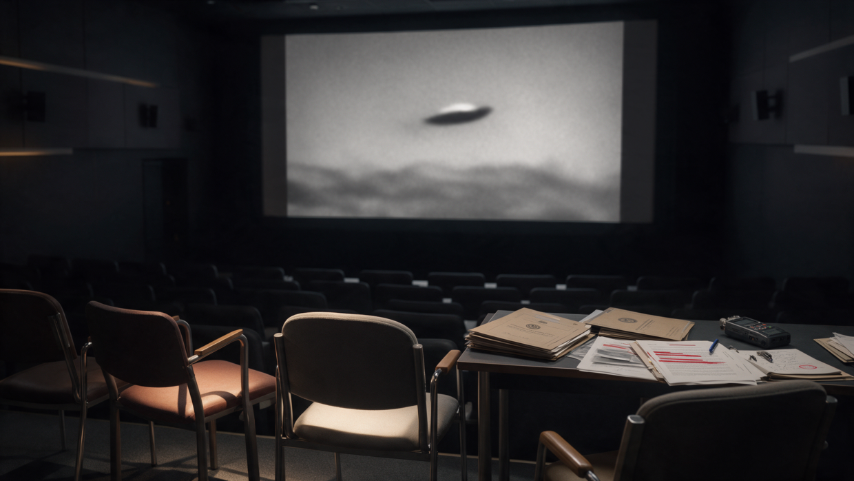 AI-generated documentary screening room with empty interview chairs, government files and a screen displaying an ambiguous unidentified object in the sky.