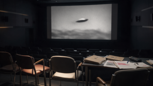 AI-generated documentary screening room with empty interview chairs, government files and a screen displaying an ambiguous unidentified object in the sky.