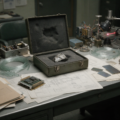 AI-generated 1960s military research desk with early electronics, optical components, engineering documents and an unidentified metallic sample representing Philip Corso’s reverse-engineering claims.