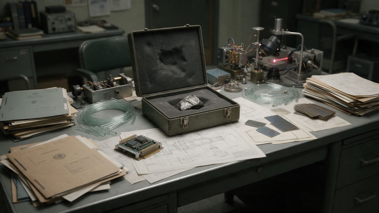 AI-generated 1960s military research desk with early electronics, optical components, engineering documents and an unidentified metallic sample representing Philip Corso’s reverse-engineering claims.