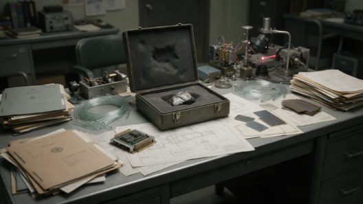 AI-generated 1960s military research desk with early electronics, optical components, engineering documents and an unidentified metallic sample representing Philip Corso’s reverse-engineering claims.