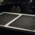 Two historical astronomical photographic plates on a light table showing a dense star field, with several points of light visible on only one plate. AI.