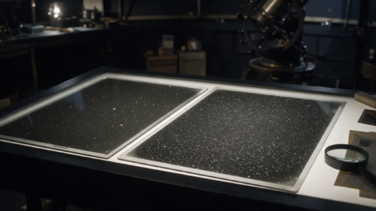 Two historical astronomical photographic plates on a light table showing a dense star field, with several points of light visible on only one plate. AI.