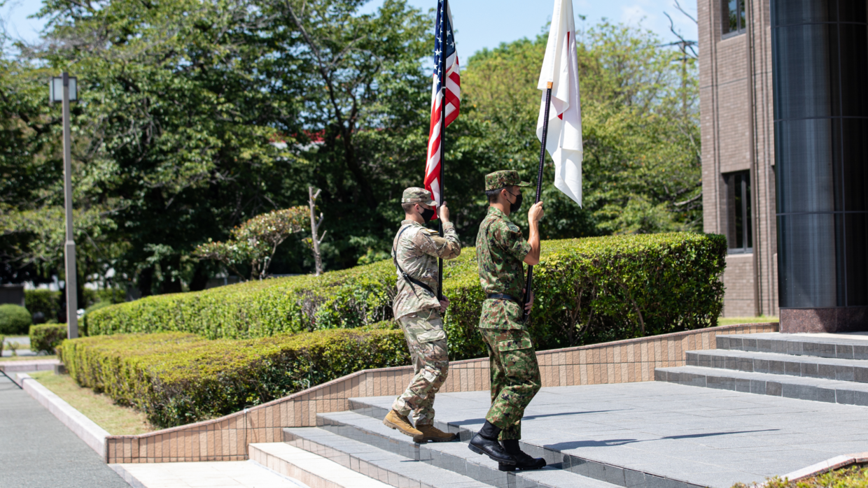 U.S. Army soldiers and members of the Japan Ground Self-Defense Force during the Orient Shield 22 opening ceremony in Japan.