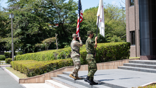 U.S. Army soldiers and members of the Japan Ground Self-Defense Force during the Orient Shield 22 opening ceremony in Japan.