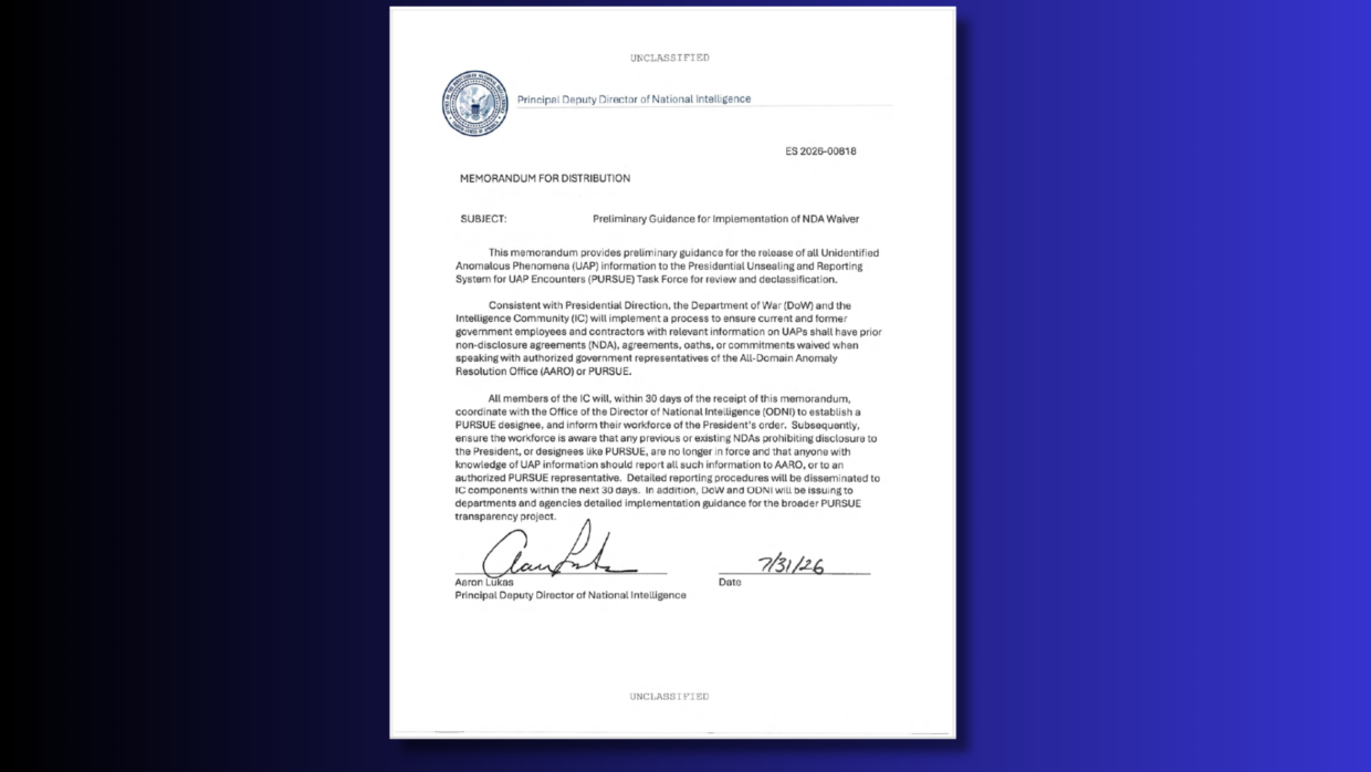 First page of the unclassified July 31, 2026 ODNI memorandum on implementing a UAP nondisclosure-agreement waiver.
