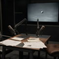 Investigative podcast studio with two microphones, government documents and a monitor displaying an unidentified object in infrared-style imagery.