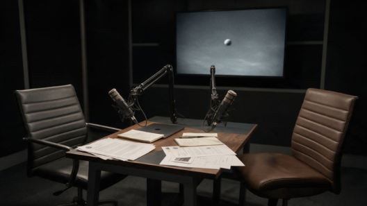 Investigative podcast studio with two microphones, government documents and a monitor displaying an unidentified object in infrared-style imagery.