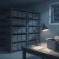 AI-generated illustration of a dim archive room with grey filing boxes and one open box lit by a desk lamp.