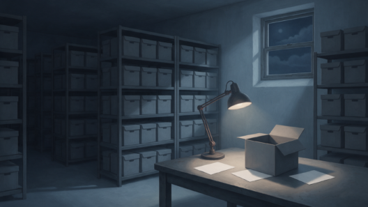 AI-generated illustration of a dim archive room with grey filing boxes and one open box lit by a desk lamp.