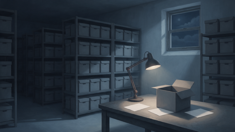 AI-generated illustration of a dim archive room with grey filing boxes and one open box lit by a desk lamp.