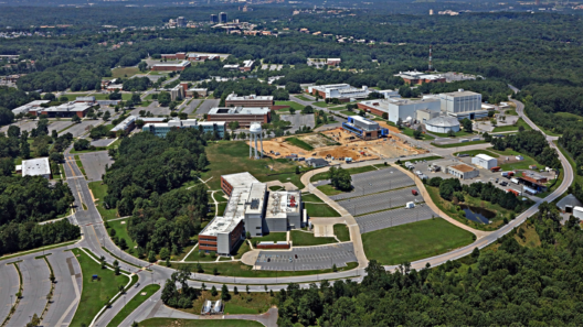 Aerial view of NASA's Goddard Space Flight Center in Greenbelt, Maryland, where librarians conducted technical research for NASA's UAP research director.
